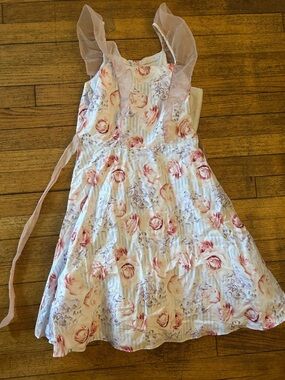 Blush Pink and White Floral Ruffle-Shoulder Dress